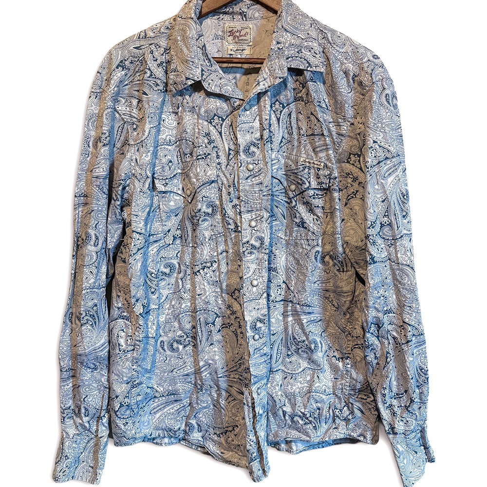 Lucky Brand XL Western Pearl Snap Shirt Blue Paisley 100% Cotton Long Sleeve
